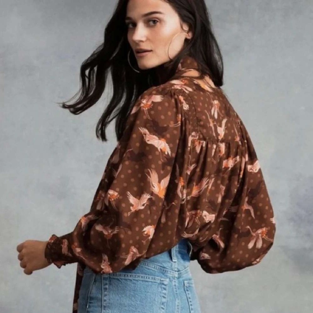 Happy x Nature by Kate Hudson Bird Print Swing Victorian Blouse Brown Large - Picture 2 of 11
